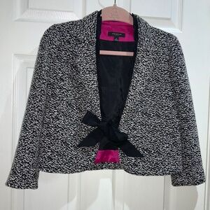 Ann Taylor boucle jacket Blazer Sz 0 Cropped Pleated ribbon trim tie closure
